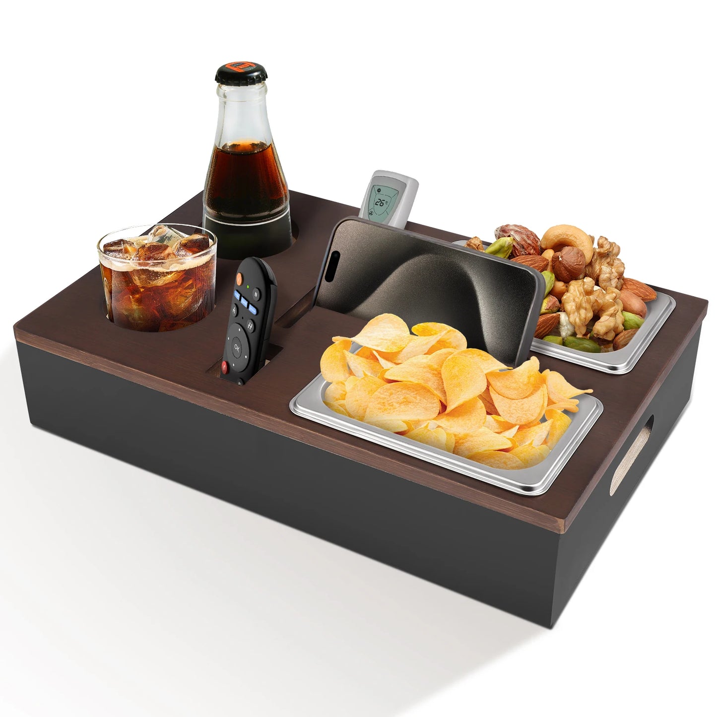 Bambus Sofatablett mit Snackschalen 41 cm – Praktische Sofa-Ablage mit Getränkehalter