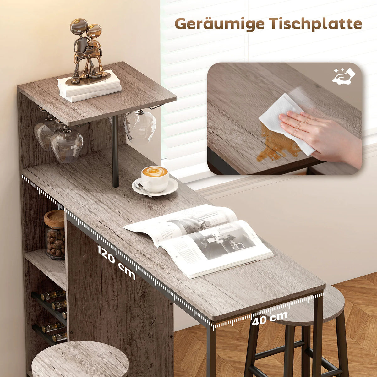 Bartisch Set 3-teilig mit Weinregal Graue Holzoptik – Stehtisch mit 2 Barhockern für kleine Räume