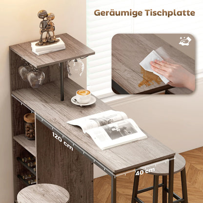 Bartisch Set 3-teilig mit Weinregal Graue Holzoptik – Stehtisch mit 2 Barhockern für kleine Räume