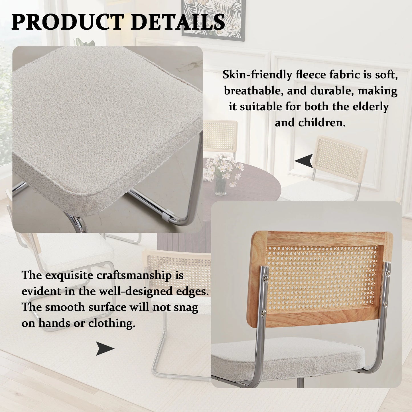 Freischwinger 2er Set Modern – Polsterstuhl Set aus Teddy-Samt & Rattan-Rueckenlehne mit Metallgestell