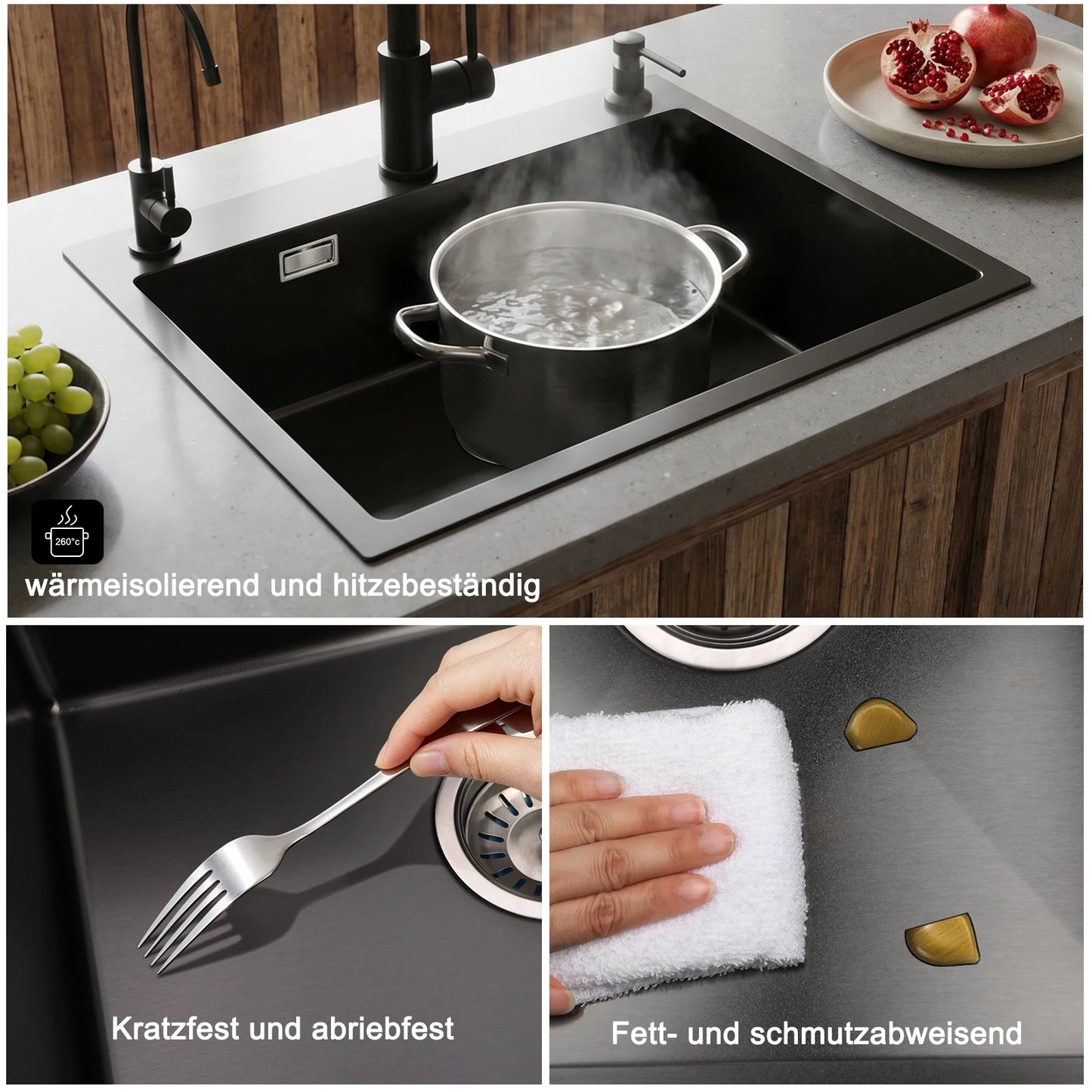 Edelstahl Spülbecken Schwarz 68x45cm mit 3 Lochbohrungen – Einbauspüle Einzelbecken Gebürstet
