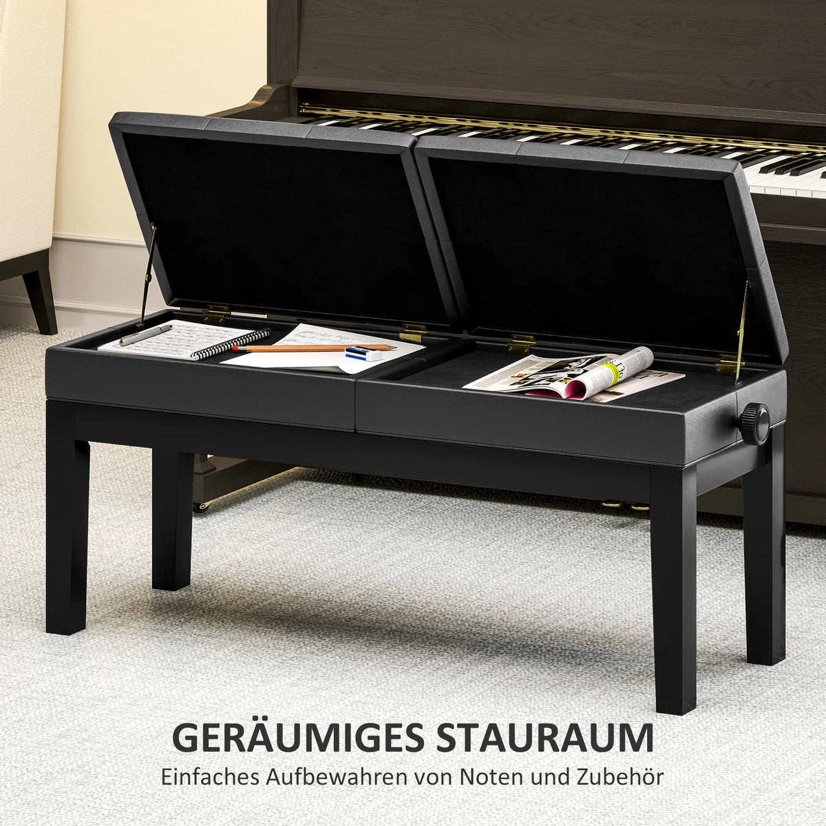 Doppel Klavierbank Höhenverstellbar mit Stauraum – Ergonomischer Pianohocker Schwarz 105cm