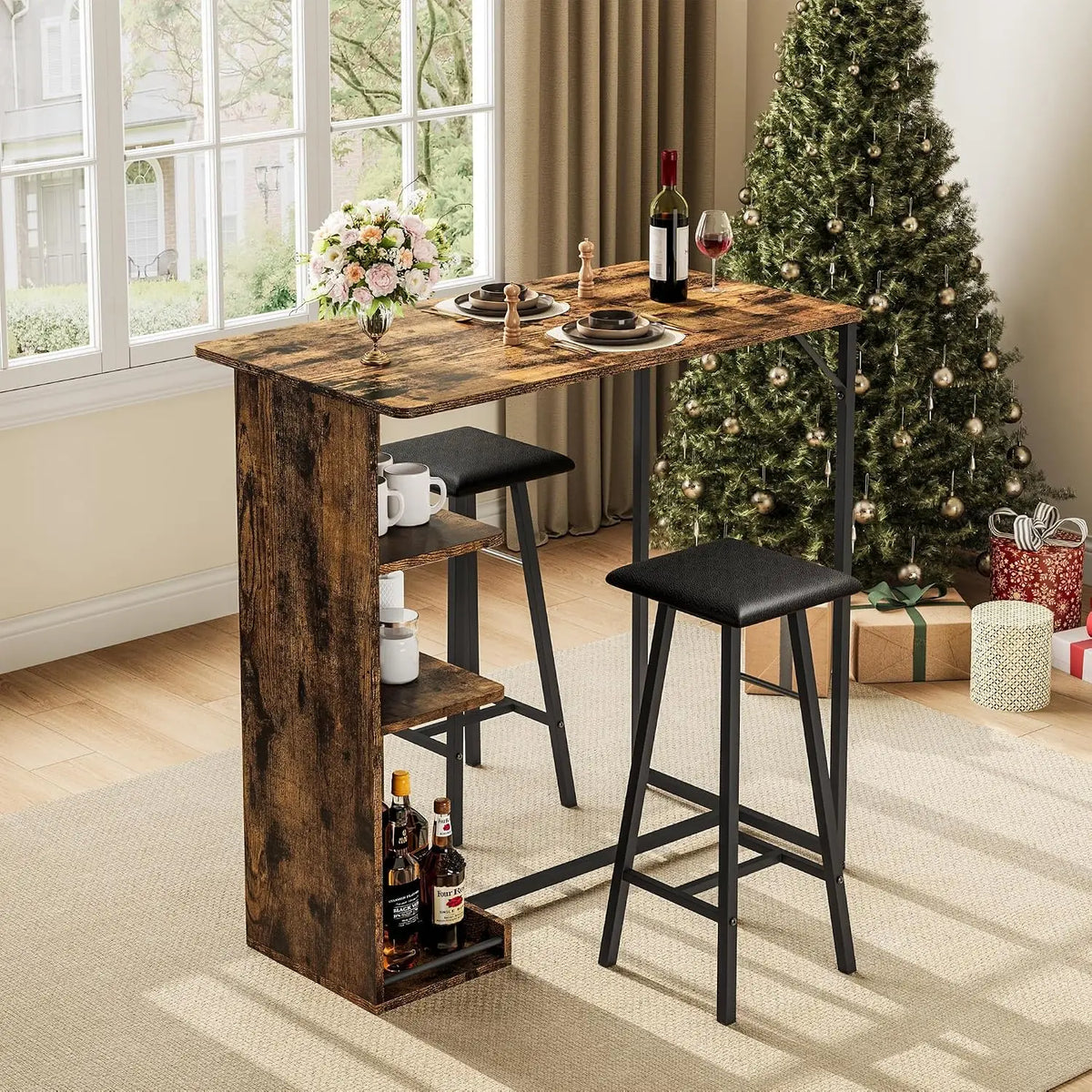 Esstisch Garnitur mit 2 Hocker – Stehtisch Set Holz & Metall mit Regal für die Küche
