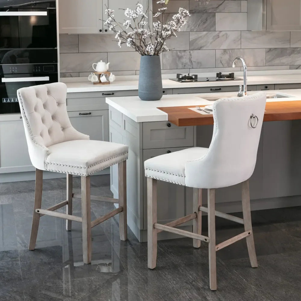 Moderne Samt Barhocker 2er Set mit Nietendekor – Elegante Tresenstühle aus Massivholz