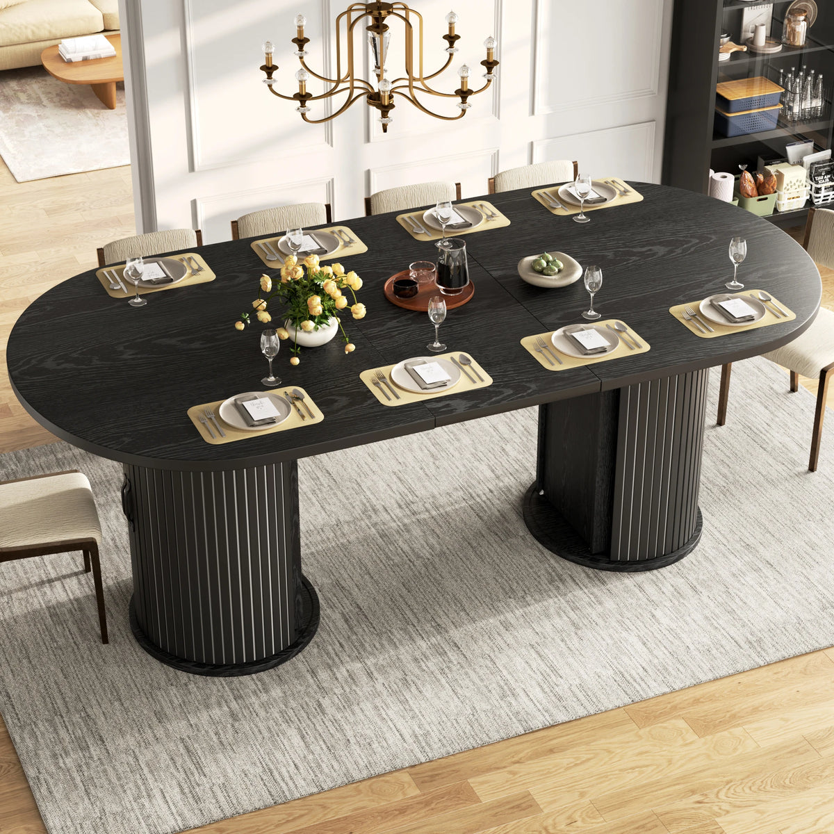 Ausziehbarer Esstisch Metallgestell Schwarz – Moderner Multifunktionstisch mit Staufach