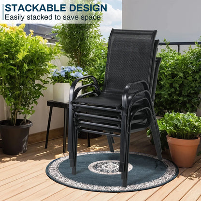 Gartenstuehle 4er Set Schwarz – Moderne Stapelstuehle aus Metall & Teslin fuer Balkon, Terrasse & Garten bis 150kg
