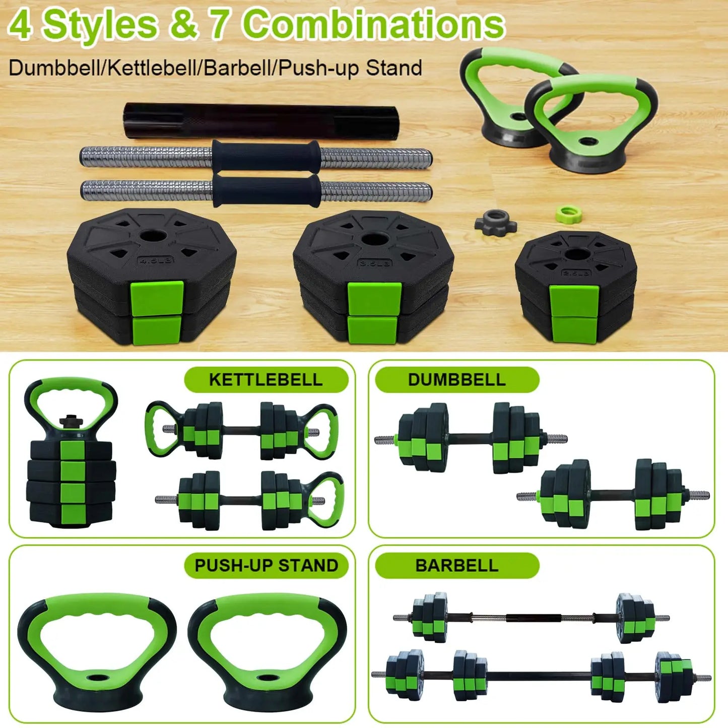 4-in-1 Hantelset Verstellbar – Kurzhantel Kettlebell & Langhantel Set für Homegym