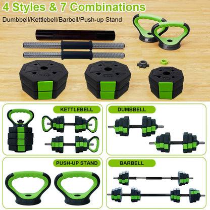 4-in-1 Hantelset Verstellbar – Kurzhantel Kettlebell & Langhantel Set für Homegym