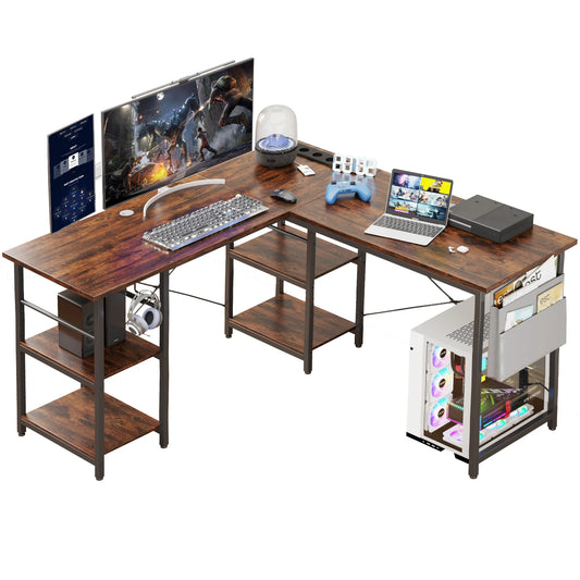 L-förmiger Eckschreibtisch 140 cm Vintage Braun – Höhenverstellbarer Computertisch mit Steckdosen & Regalen