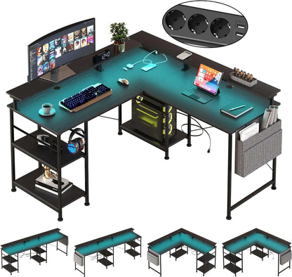 L-förmiger Gaming Schreibtisch LED Schwarz 140 cm – Eckschreibtisch mit Steckdosen & Monitoraufsatz