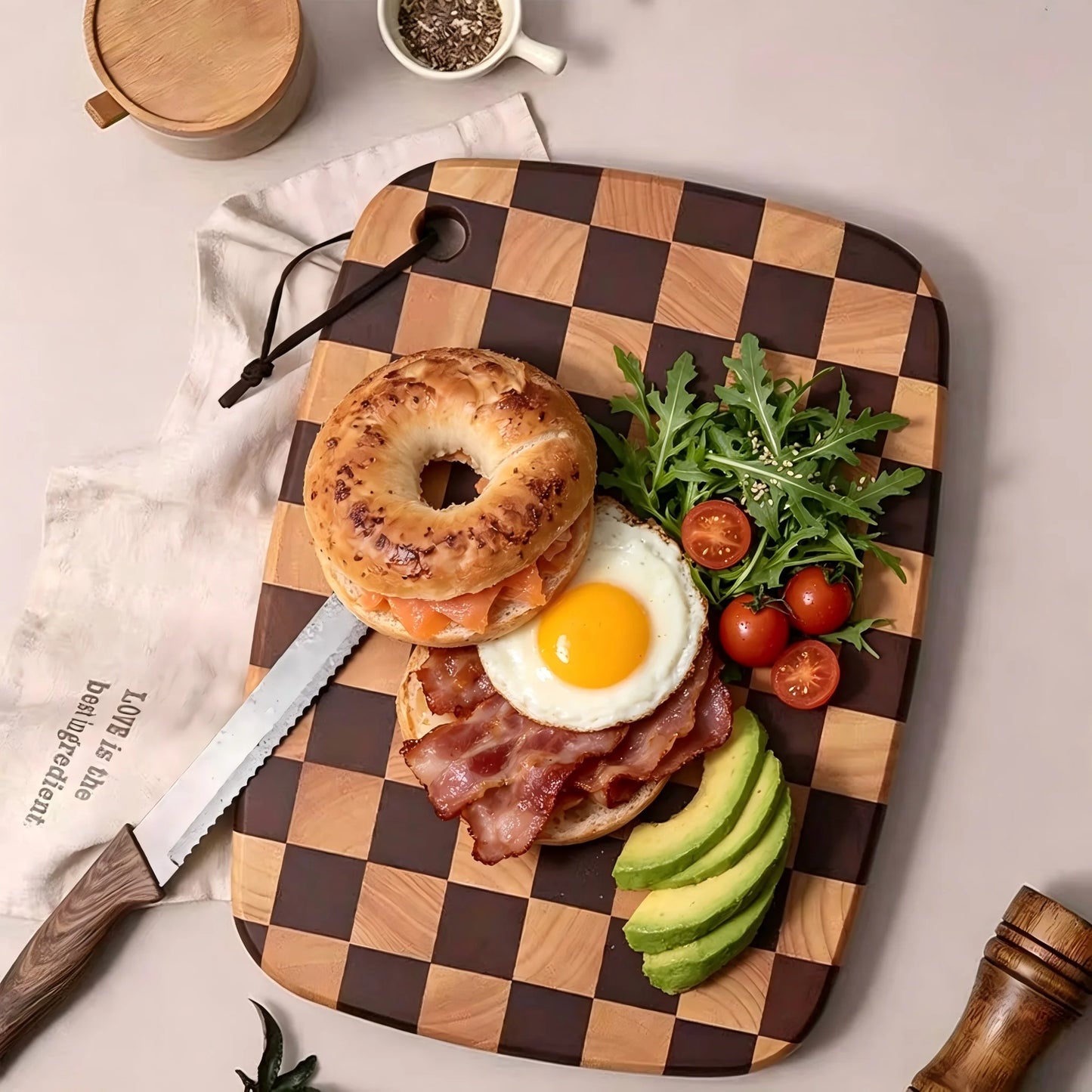 Schneidebrett Schachbrett Muster – Massives Hackblock Holzbrett fuer Fleisch Gemuese & Kaese