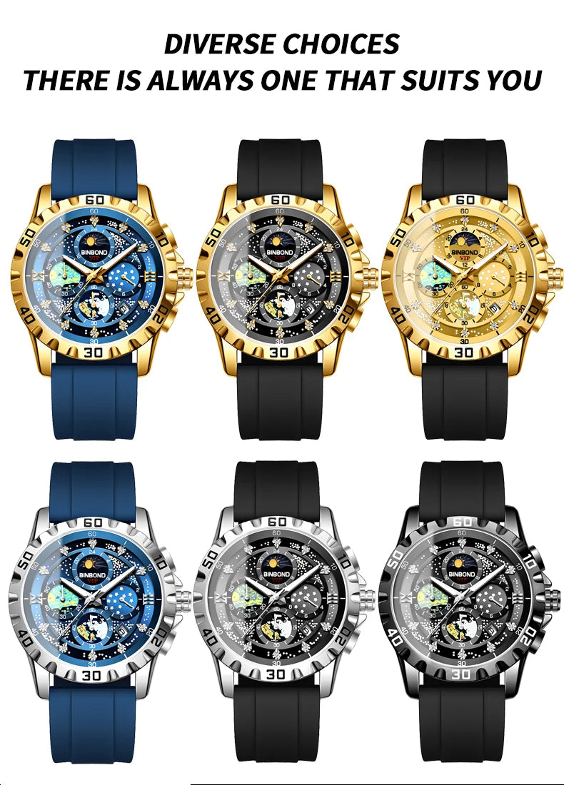 BINBOND Luxus Herrenuhr Blau – Wasserdichte Quarz Armbanduhr mit Chronograph & Datum