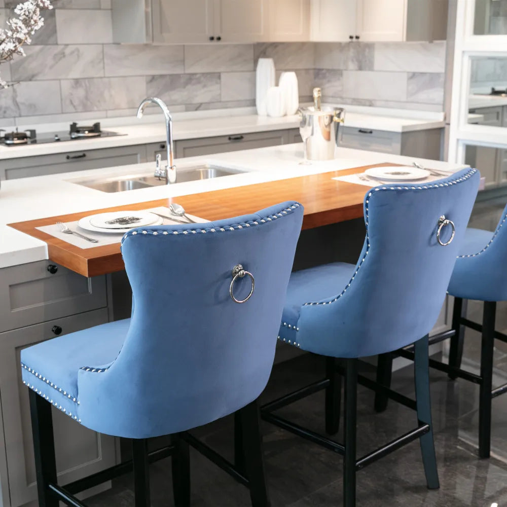 Barhocker 2er Set Massivholz mit Rückenlehne – Elegante Polster Tresenstühle Chesterfield Stil