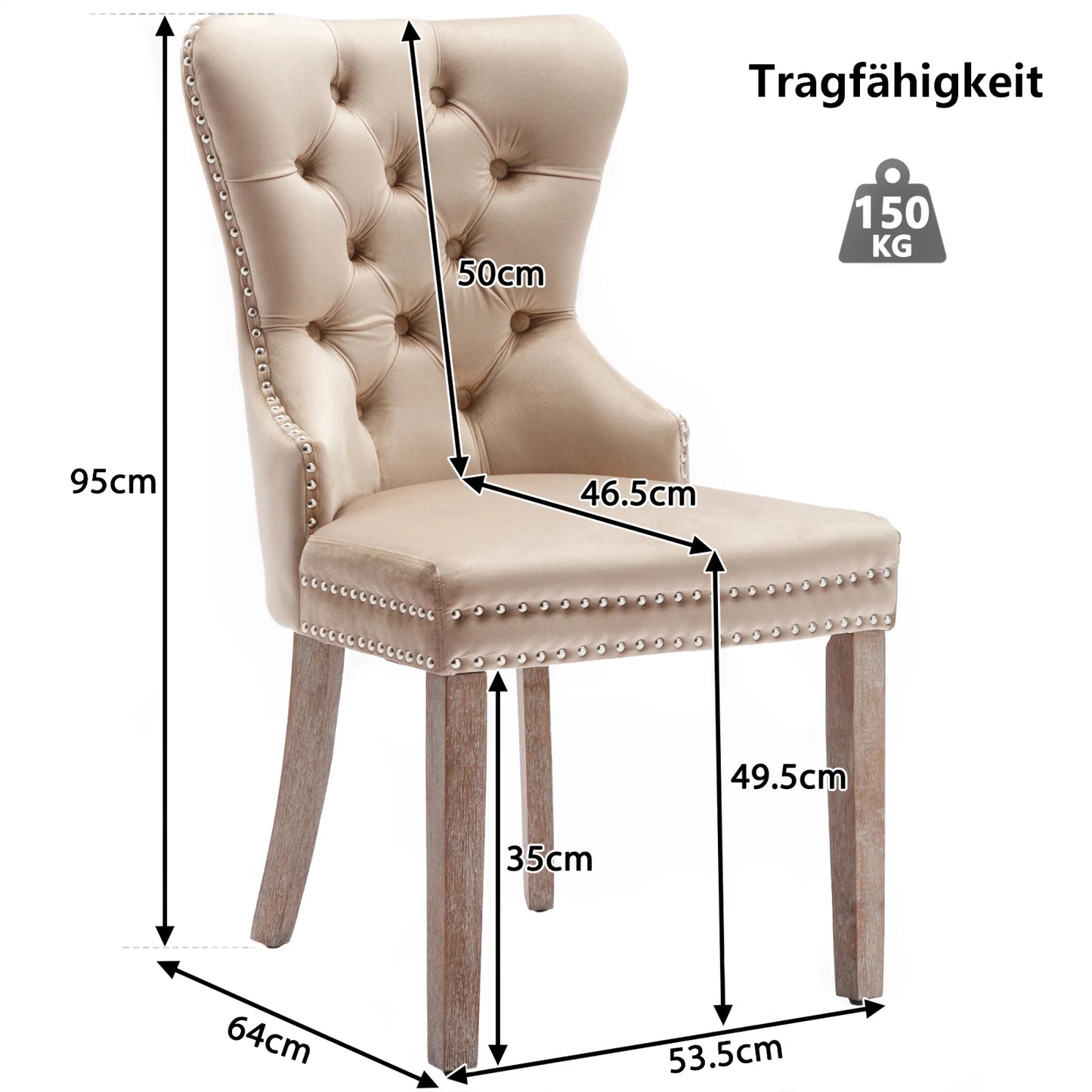 Esszimmerstuhl 2er Set Beige Samt – Elegantes Polsterstuhl Set mit Zugring & Silberknöpfen bis 150kg