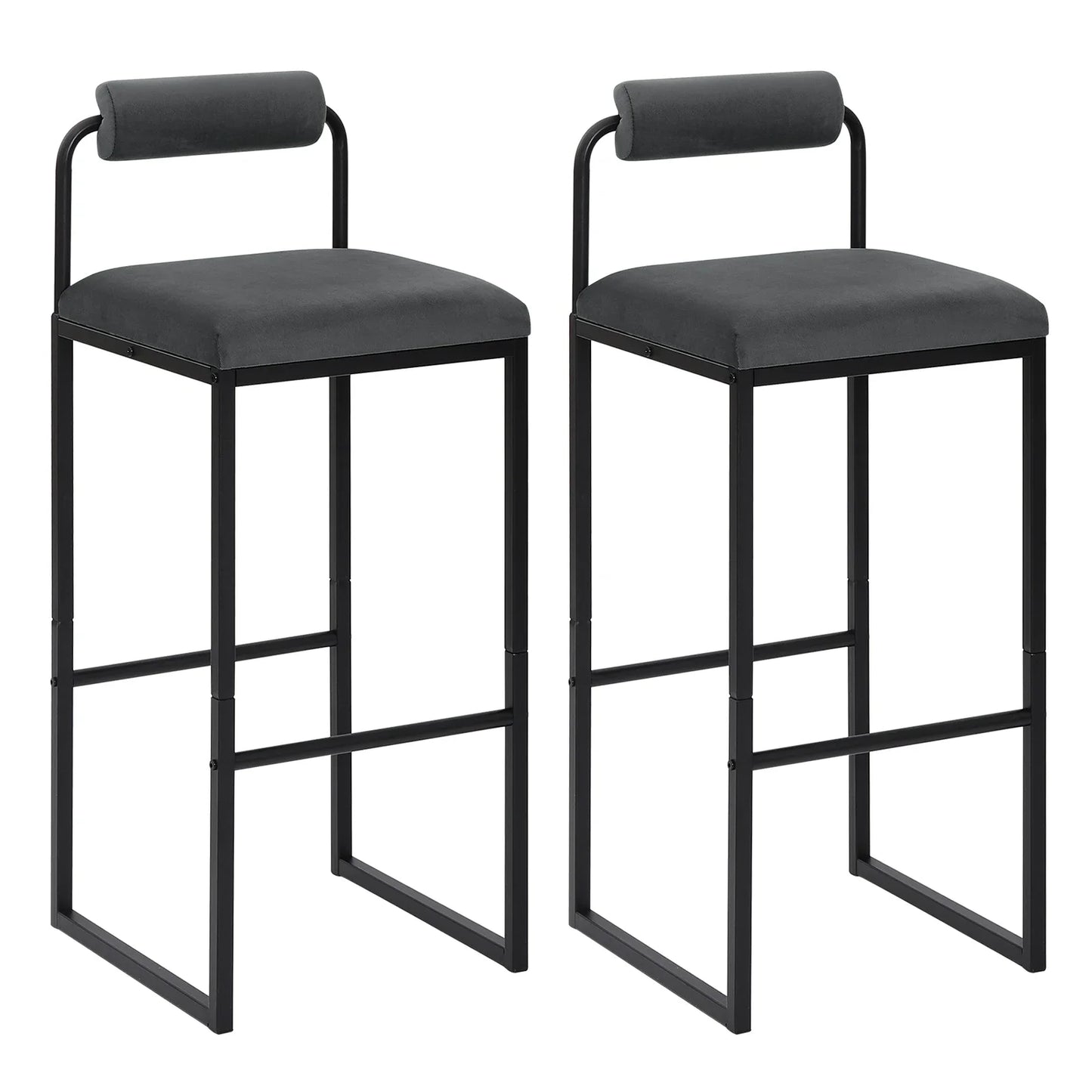 Barhocker 2er Set Samt Dunkelgrau – Ergonomische Tresenstühle 75cm Sitzhöhe mit Metallgestell