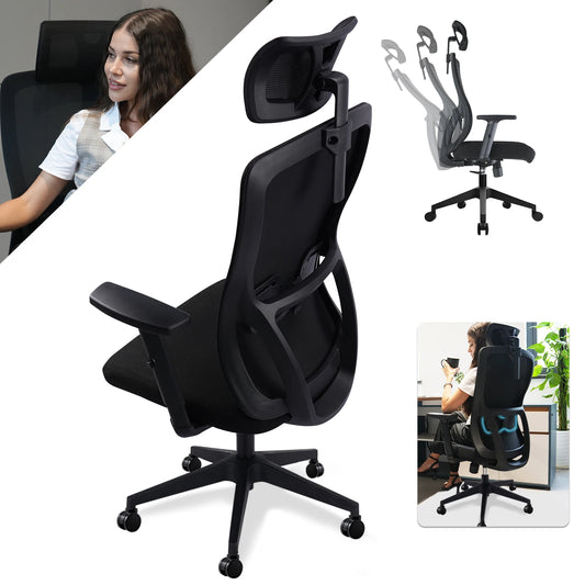 Buerostuhl Ergonomisch Schwarz – Netz Drehstuhl mit Verstellbarer Lendenstuetze & Kopfstuetze bis 150kg
