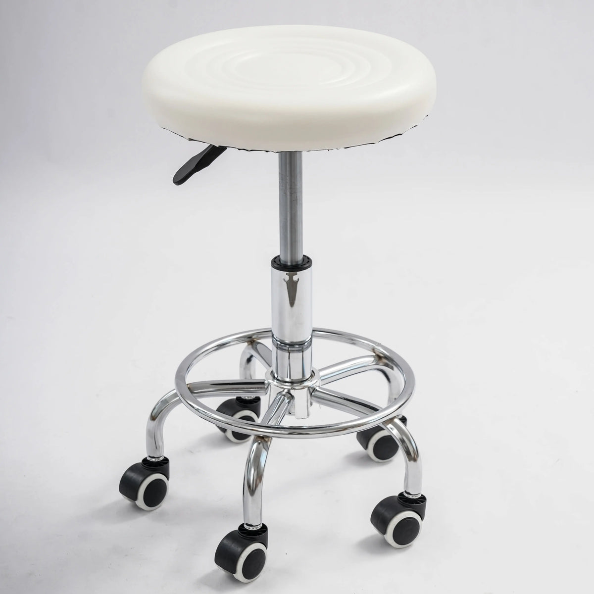 Arbeitshocker mit Rollen Weiss – Höhenverstellbarer Drehhocker aus Kunstleder fuer Kosmetikstudio, Salon & Praxis