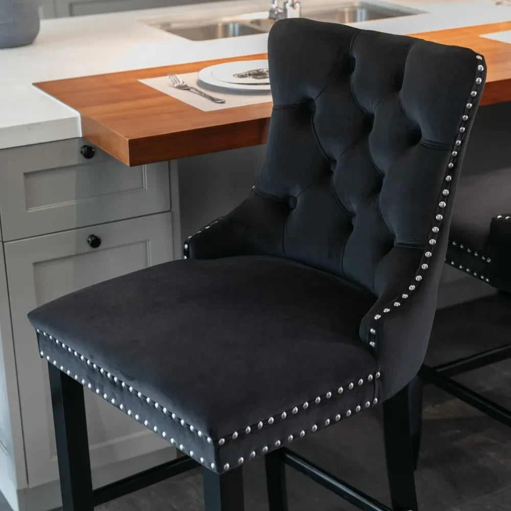 Moderne Samt Barhocker 2er Set mit Nietendekor – Elegante Tresenstühle aus Massivholz