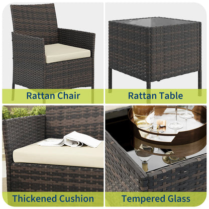 Balkonset 3-Teilig Schwarz – Wetterfeste Polyrattan Sitzgruppe mit Kissen & Glastisch fuer Balkon, Terrasse & Garten