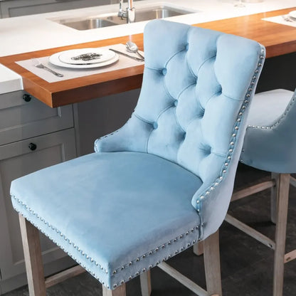 Moderne Samt Barhocker 2er Set mit Nietendekor – Elegante Tresenstühle aus Massivholz