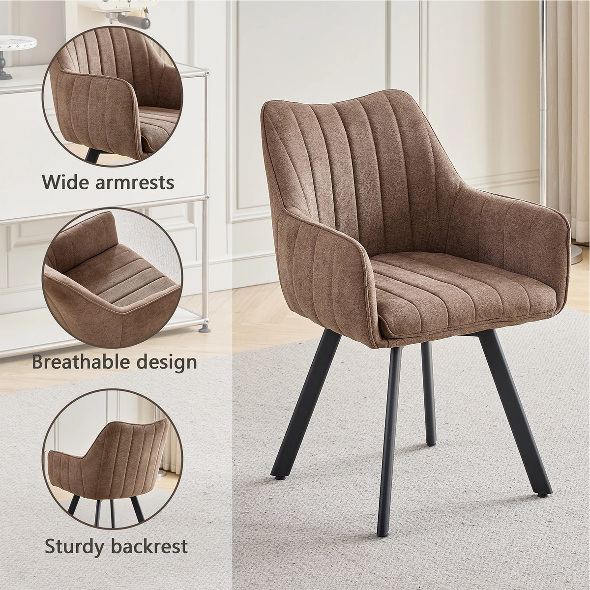 Drehbare Esszimmerstühle 2er Set Leinen – Moderne Polsterstühle mit Metalldesign & Ergo-Rückenlehne