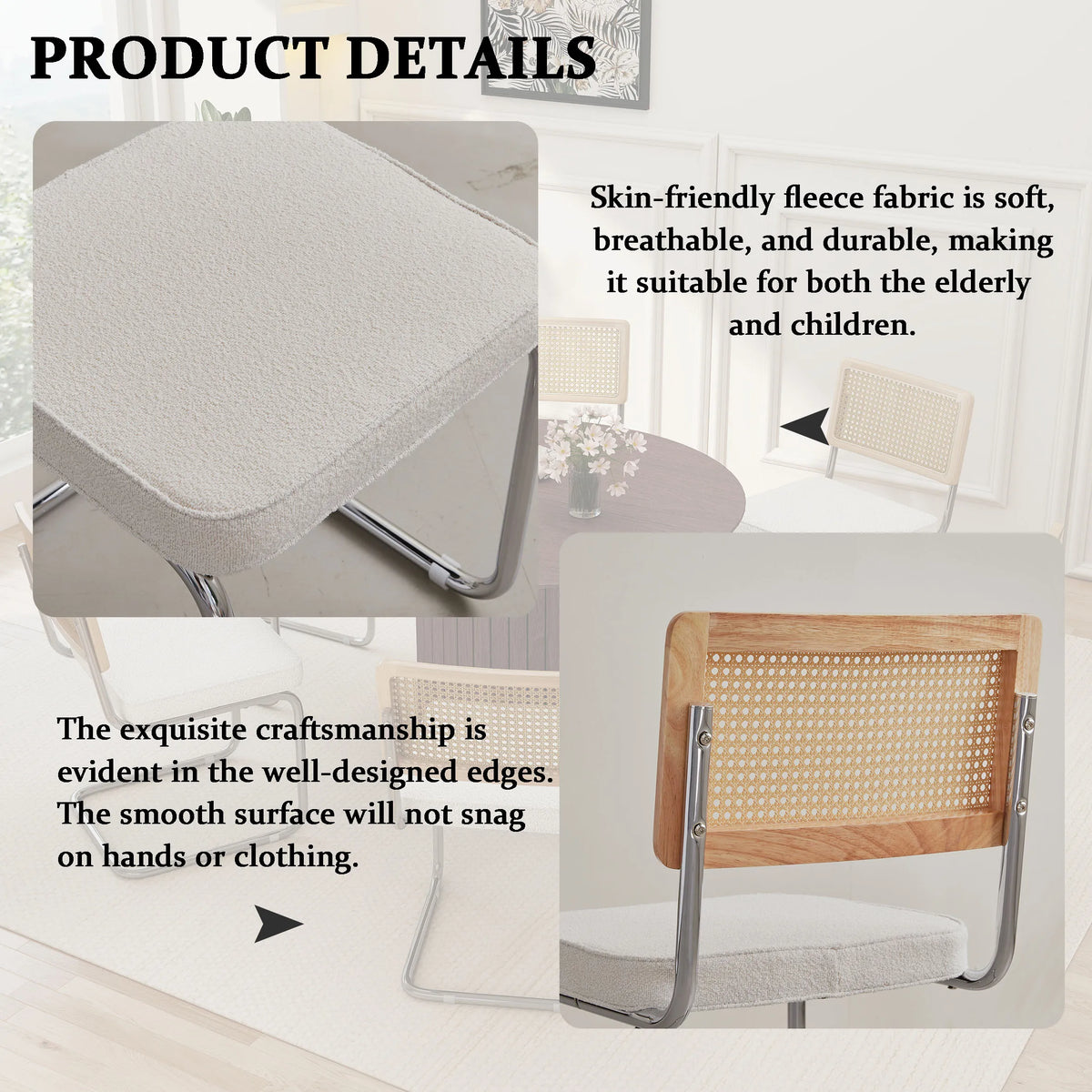 Freischwinger Esszimmerstühle 2er Set Rattan Samt – Moderne Küchenstühle mit Metallgestell