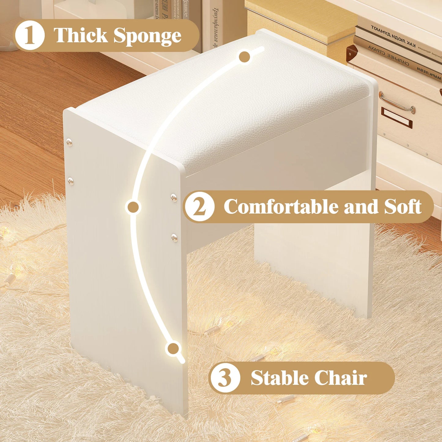Schminkstuhl Weiß Holz MDF – Moderner Hocker Gepolstert für Frisiertisch & Schlafzimmer
