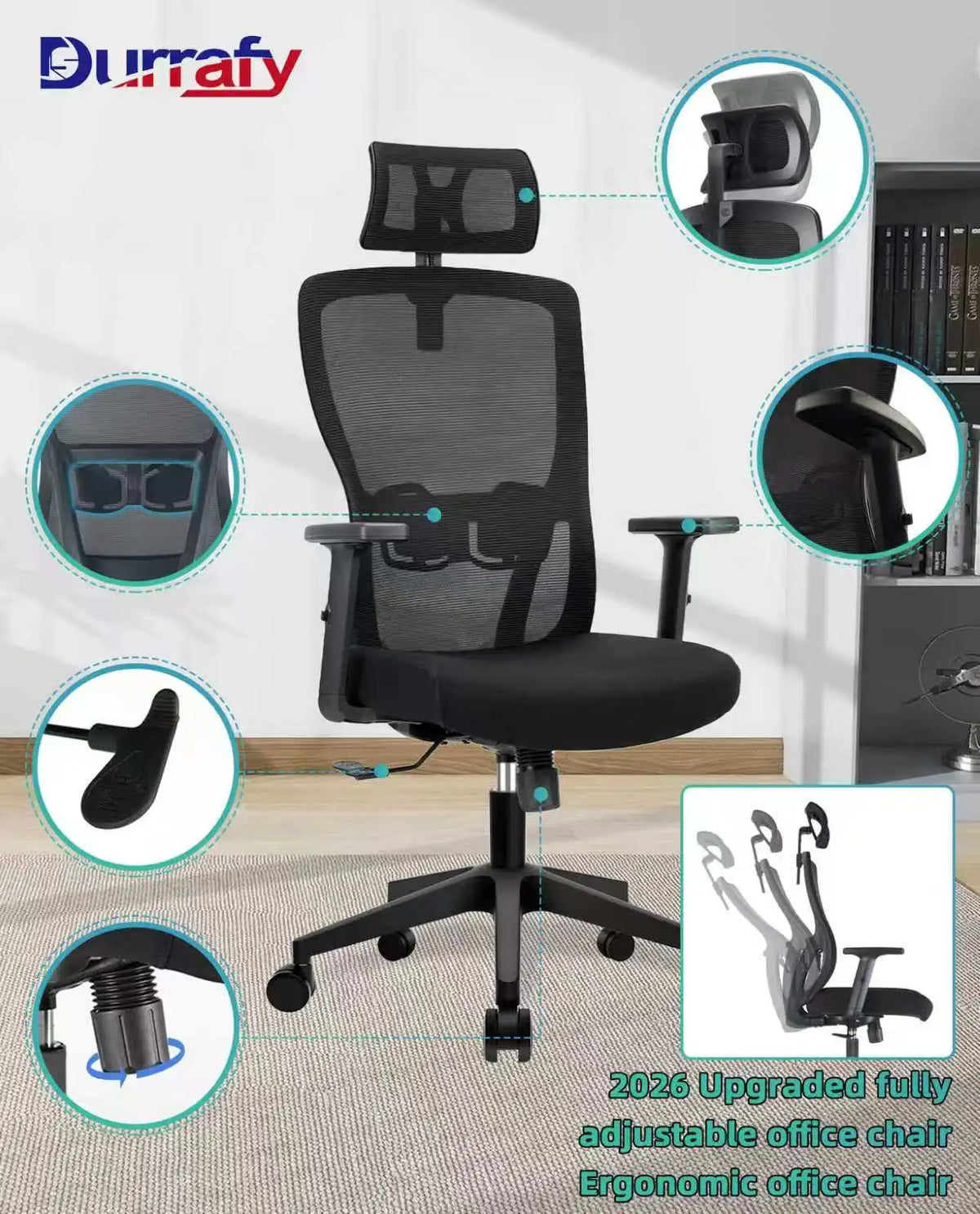 Buerostuhl Ergonomisch Schwarz – Netz Drehstuhl mit Verstellbarer Lendenstuetze & Kopfstuetze bis 150kg