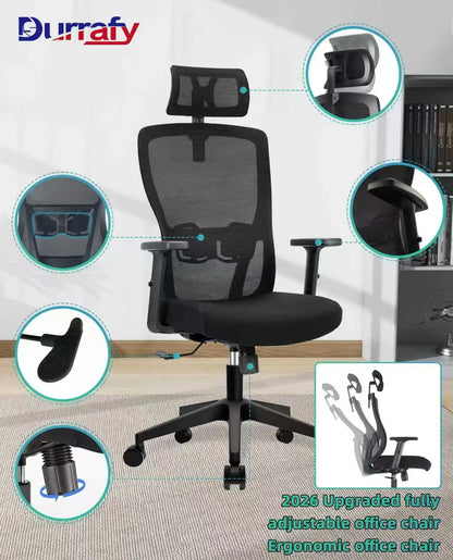 Buerostuhl Ergonomisch Schwarz – Netz Drehstuhl mit Verstellbarer Lendenstuetze & Kopfstuetze bis 150kg