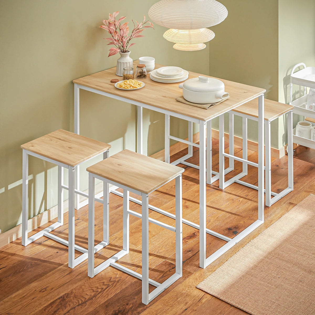 Bartisch Set 5-teilig mit 4 Hocker Weiß-Natur – Moderne Essgruppe für Küche & Balkon