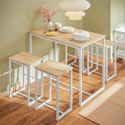 Bartisch Set 5-teilig mit 4 Hocker Weiß-Natur – Moderne Essgruppe für Küche & Balkon