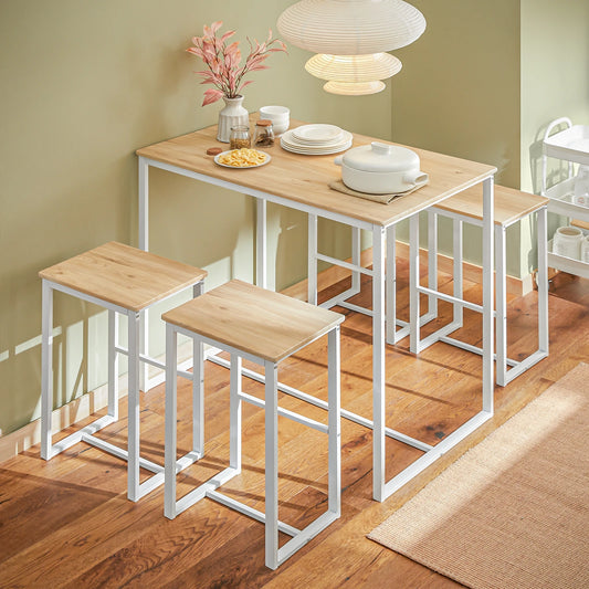 Bartisch Set 5-teilig mit 4 Hocker Weiß-Natur – Moderne Essgruppe für Küche & Balkon