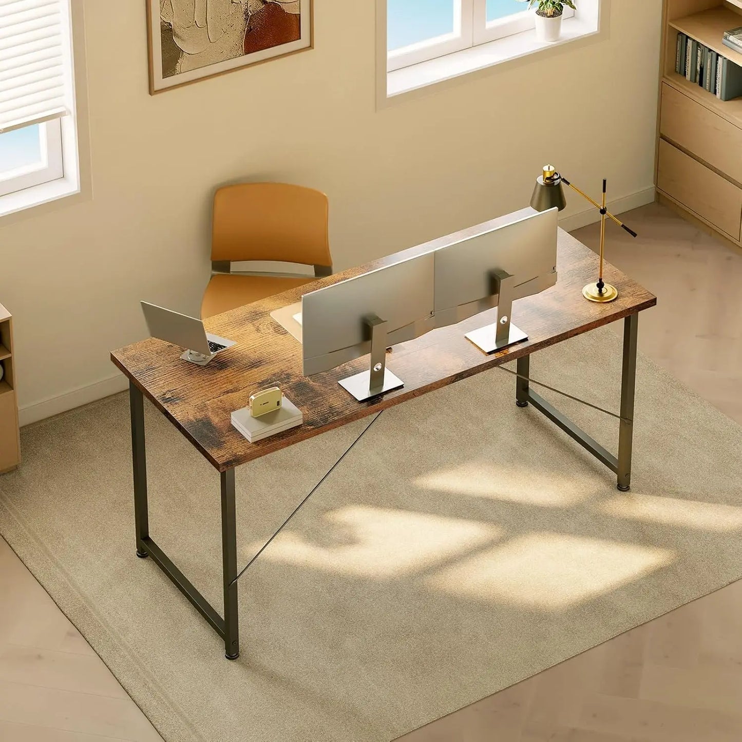 Schreibtisch im Industriestil 140 cm Vintage Braun – Stabiler Computertisch mit X-Strebe
