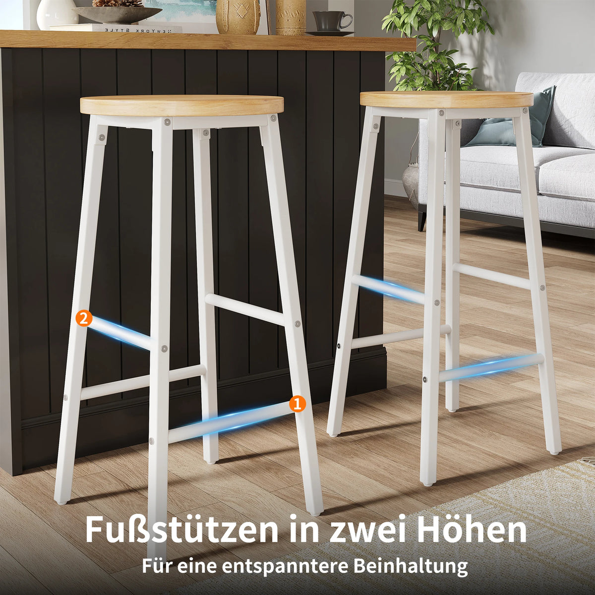Barhocker 2er Set 150kg – Kompakter Tresenstuhl aus Metall & Holzoptik mit Doppelter Fussstuetze