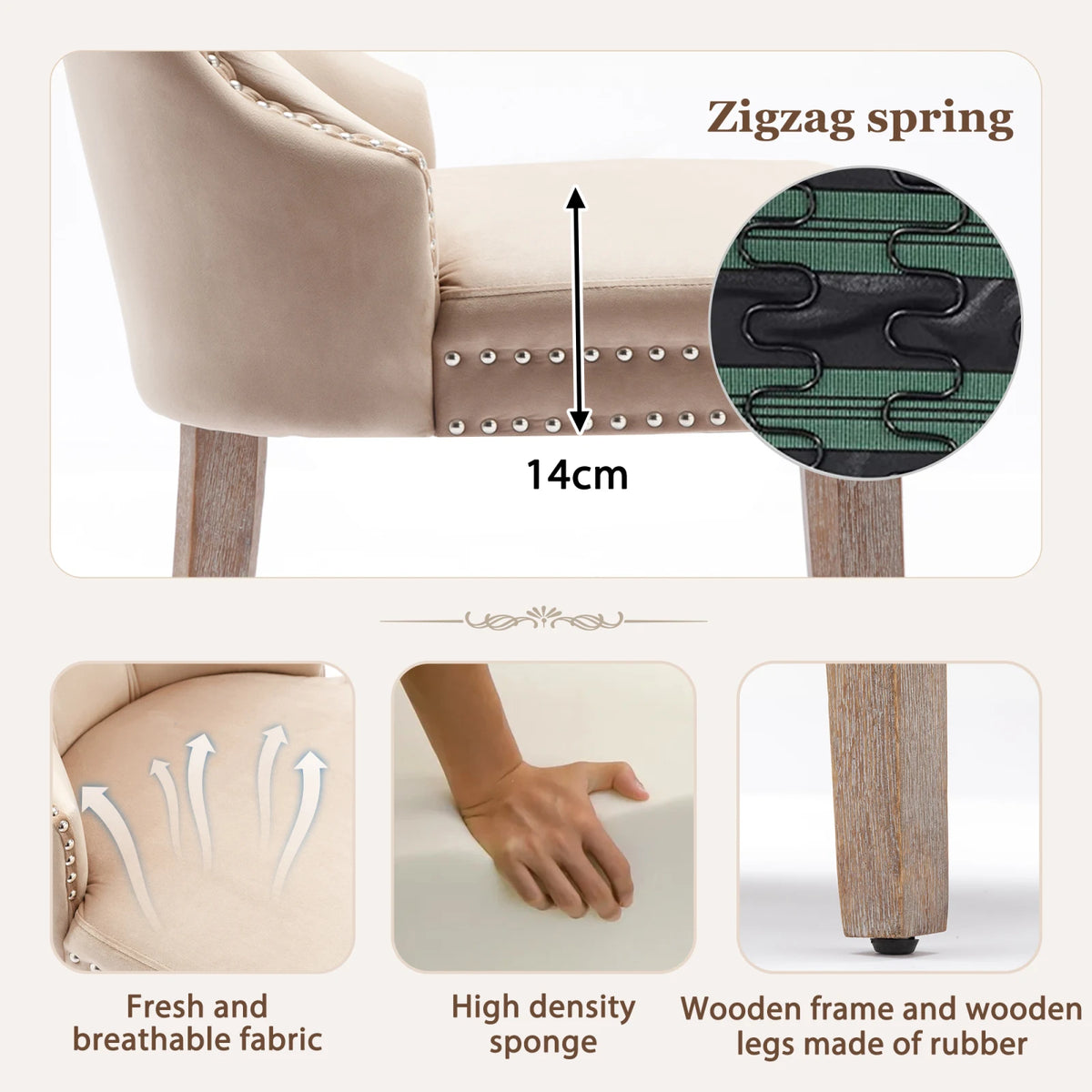 Esszimmerstuhl 2er Set Beige Samt – Elegantes Polsterstuhl Set mit Zugring & Silberknöpfen bis 150kg
