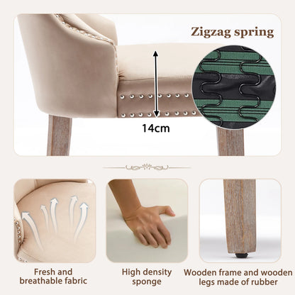 Esszimmerstuhl 2er Set Beige Samt – Elegantes Polsterstuhl Set mit Zugring & Silberknöpfen bis 150kg