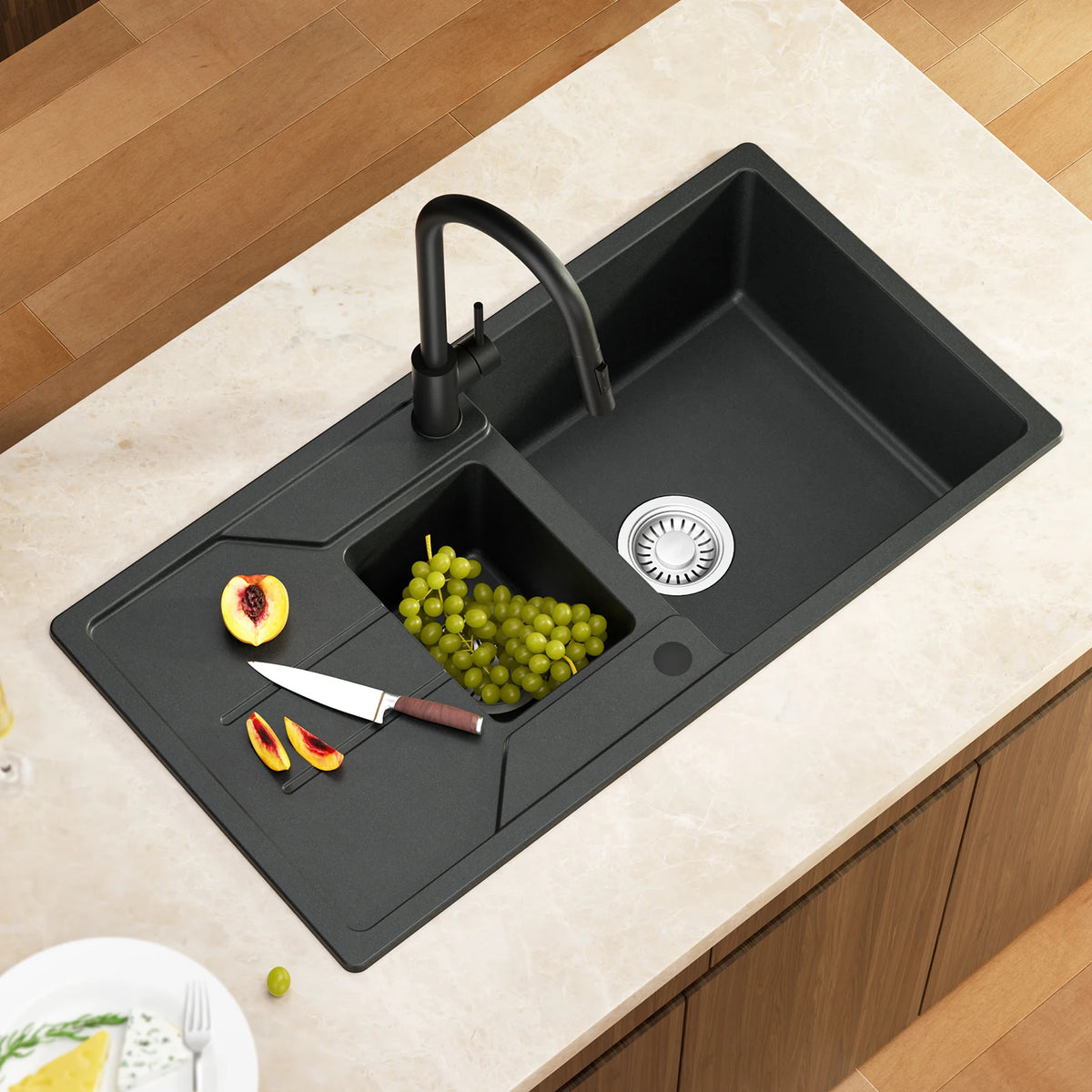 Granit Spülbecken Schwarz 86x45cm mit Abtropffläche – Quartz Doppelbecken Küchenspüle Einbau