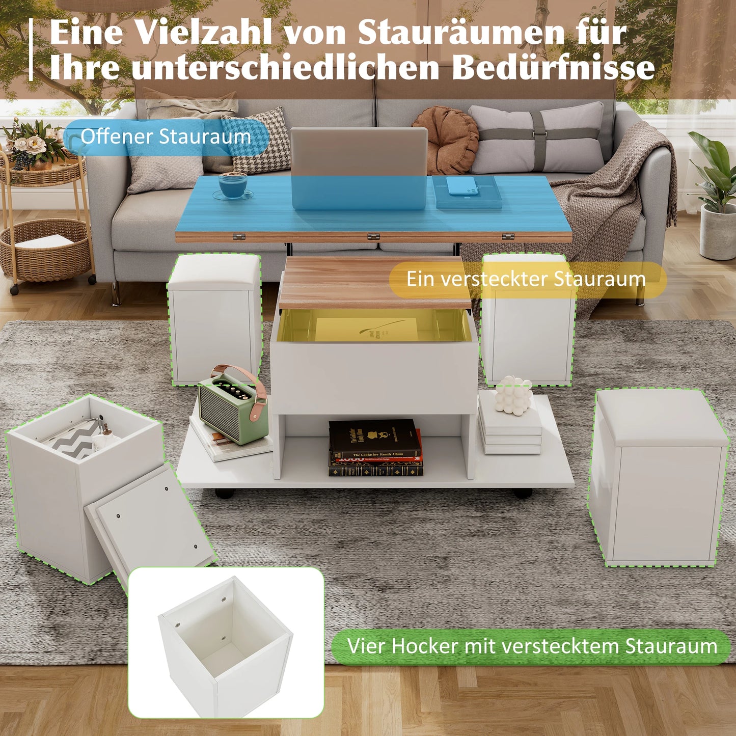 Couchtisch Höhenverstellbar & Ausziehbar – Multifunktionaler Esstisch mit 4 Hockern & Stauraum