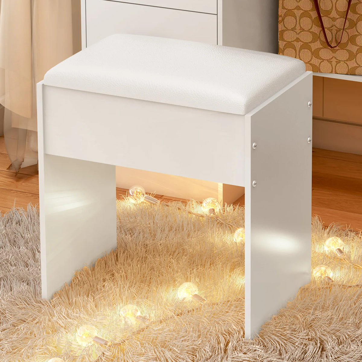 Schminkstuhl Weiß Holz MDF – Moderner Hocker Gepolstert für Frisiertisch & Schlafzimmer