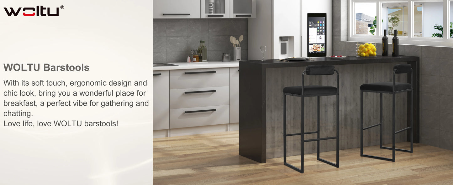 Barhocker 2er Set Samt Dunkelgrau – Ergonomische Tresenstühle 75cm Sitzhöhe mit Metallgestell