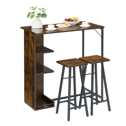 Bartisch Set 3-teilig mit Regal Vintage Braun – Kompakter Stehtisch mit 2 Barhockern für kleine Küche