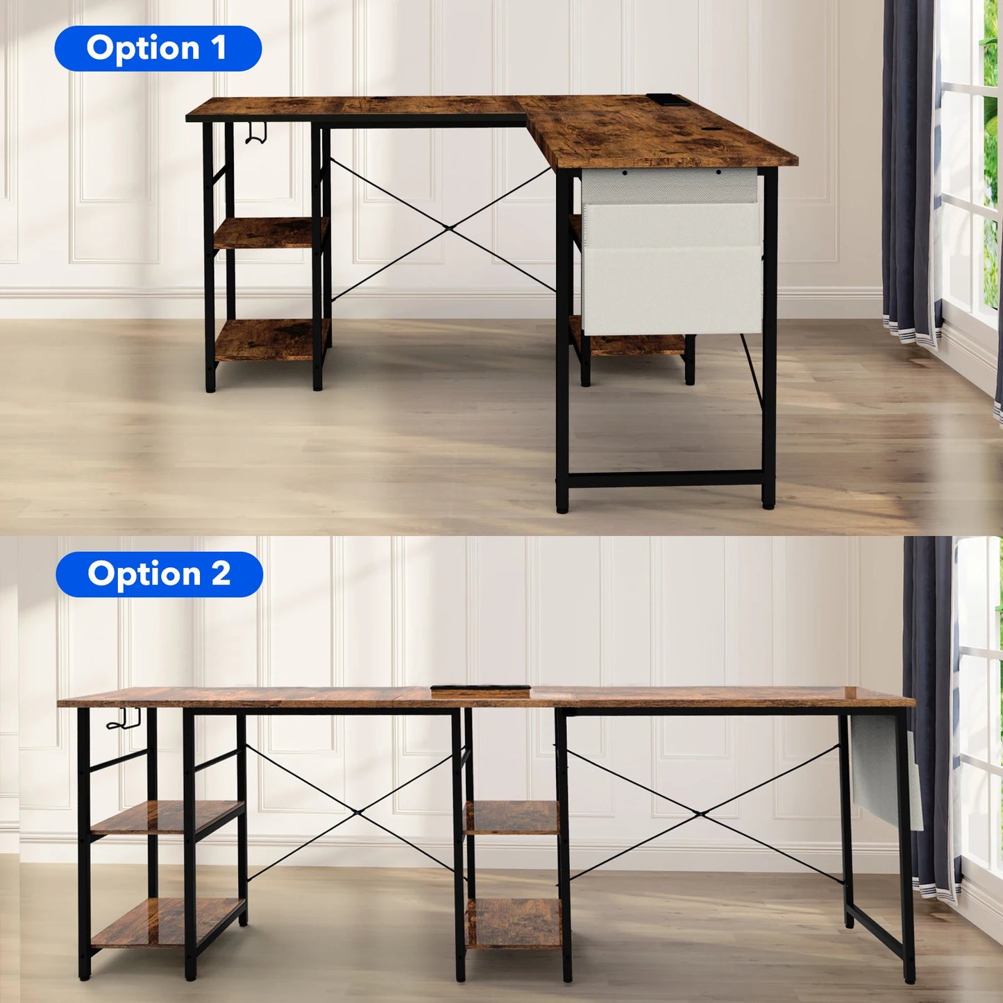 L-förmiger Eckschreibtisch 140 cm Vintage Braun – Höhenverstellbarer Computertisch mit Steckdosen & Regalen