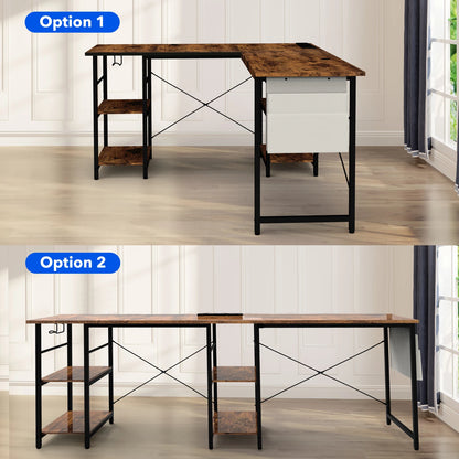 L-förmiger Eckschreibtisch 140 cm Vintage Braun – Höhenverstellbarer Computertisch mit Steckdosen & Regalen