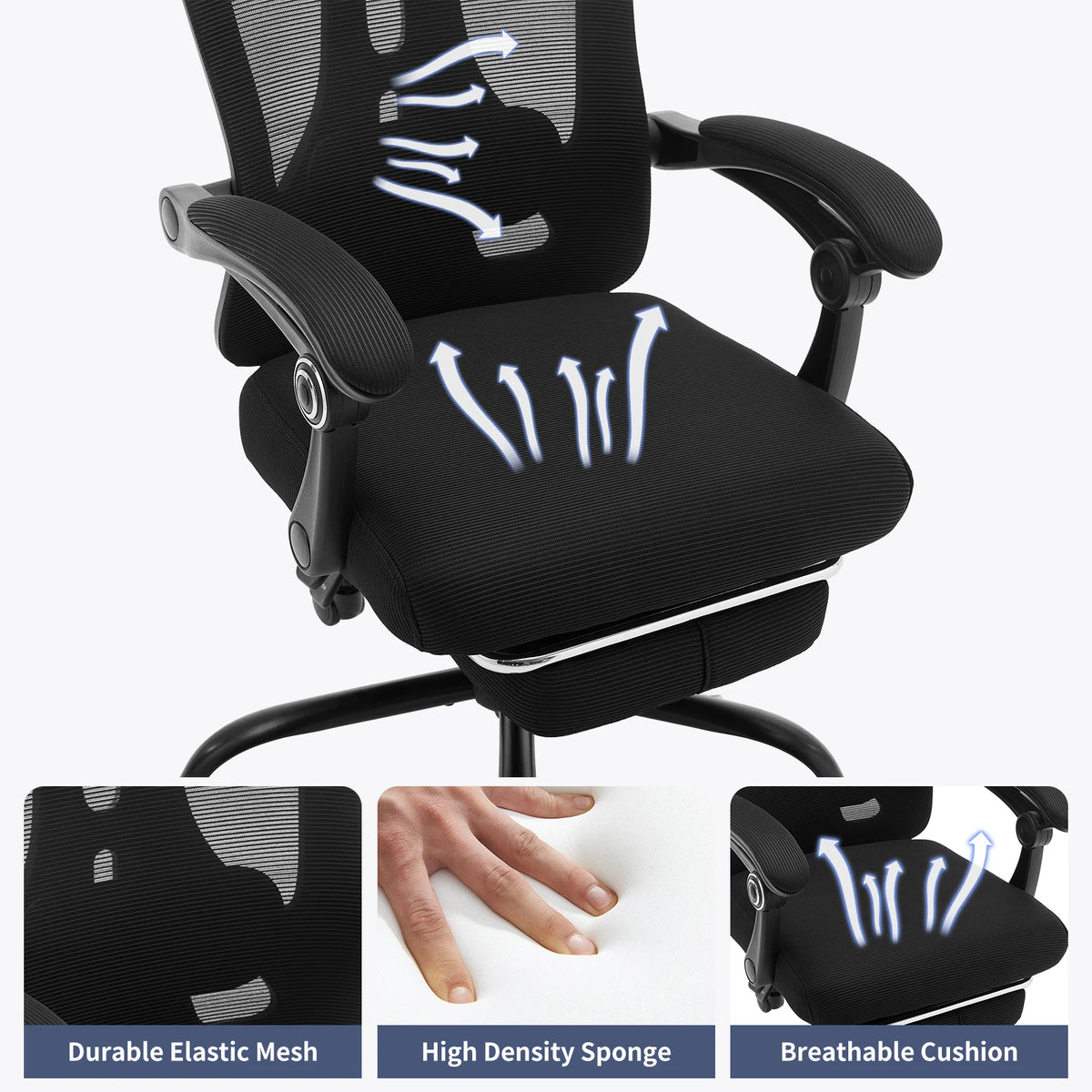 Buerostuhl Ergonomisch Schwarz – Netz Drehstuhl mit Fussstütze, 3D Kopfstütze & Klappbaren Armlehnen bis 150kg