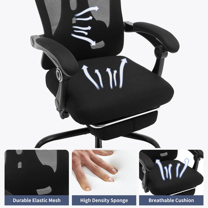 Buerostuhl Ergonomisch Schwarz – Netz Drehstuhl mit Fussstütze, 3D Kopfstütze & Klappbaren Armlehnen bis 150kg