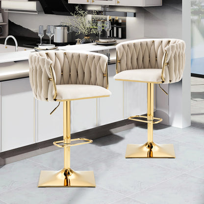 Moderne Barhocker 2er Set mit Armlehnen Höhenverstellbar – Drehbarer Polsterstuhl mit Gold-Beinen