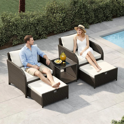 Gartenmoebel Set 5-Teilig Natur – Polyrattan Sitzgruppe mit Hocker, Kissen & Glastisch fuer Balkon, Terrasse & Garten
