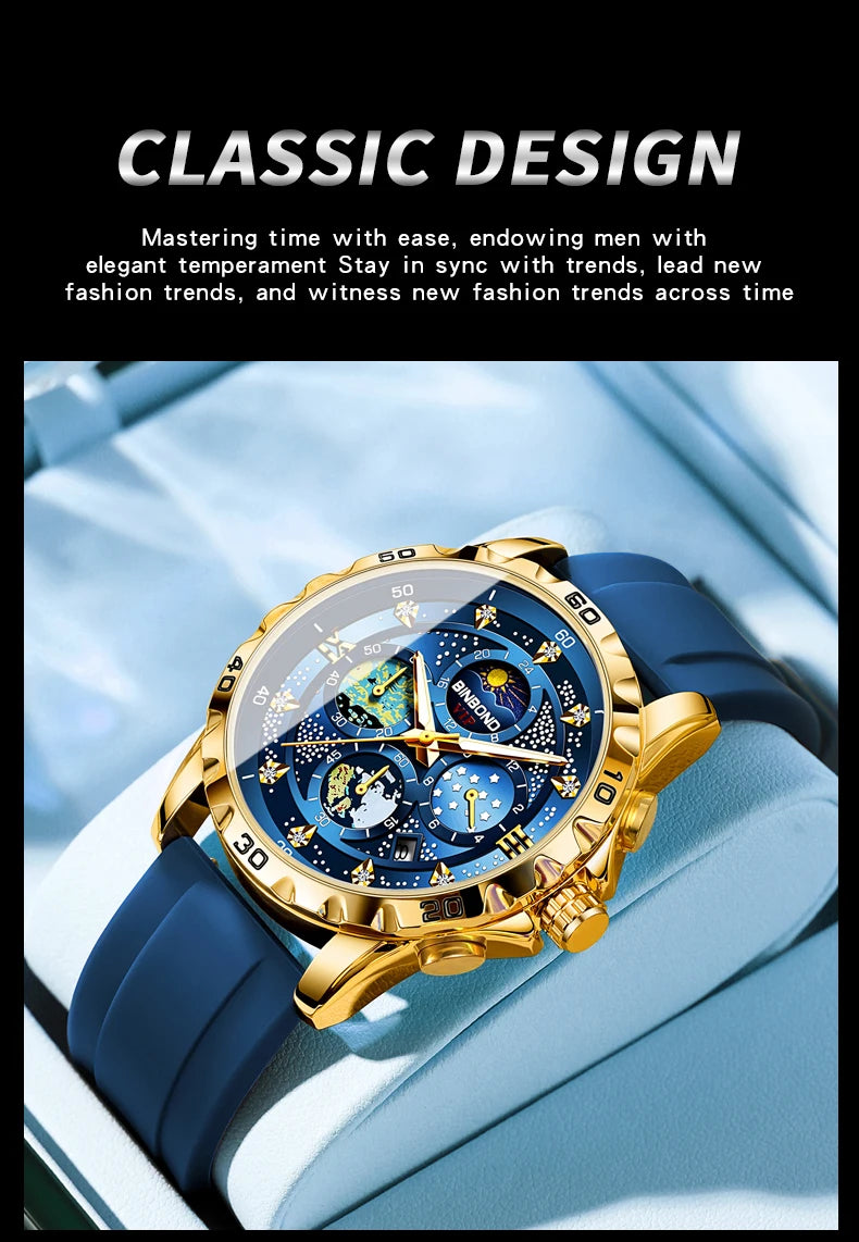 BINBOND Luxus Herrenuhr Blau – Wasserdichte Quarz Armbanduhr mit Chronograph & Datum