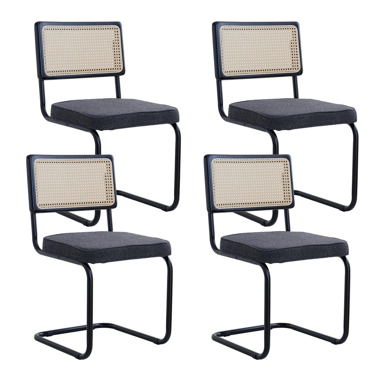 Freischwinger 2er Set Modern – Polsterstuhl Set aus Teddy-Samt & Rattan-Rueckenlehne mit Metallgestell