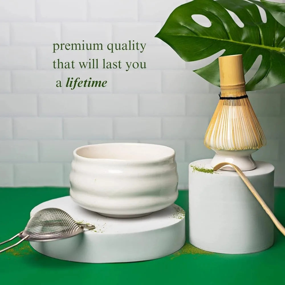 Matcha Set 5-teilig Keramik Grün – Traditionelles Matcha Tee Set mit Bambusbesen & Sieb
